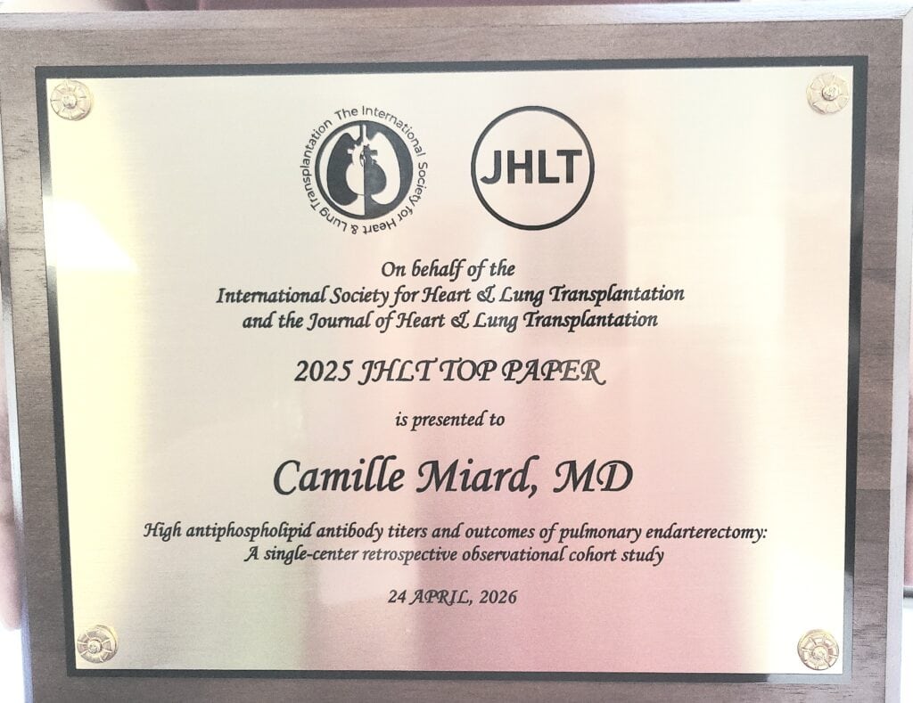 plaque ishlt - Reconnaissance internationale pour le service de réanimation adulte de l'Hôpital Marie-Lannelongue